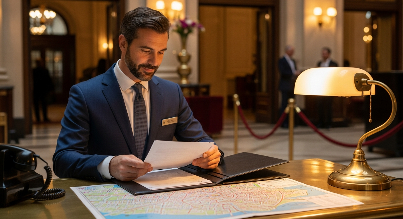 AI_IMAGE: An elegant hotel concierge reviewing travel documents at a brass-topped desk, warm ambient lighting, leather-bound folder and a city map spread out, professional and helpful atmosphere | photorealistic | landscape