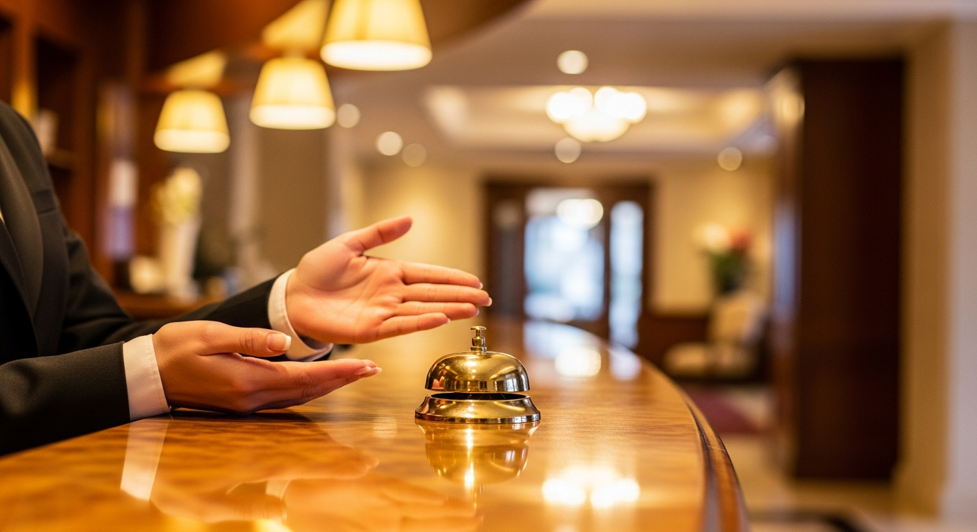 AI_IMAGE: A polished hotel front desk with a warm wood surface, brass bell, and a friendly receptionist's hands gesturing welcomingly, warm golden overhead lighting, elegant and inviting lobby scene | photorealistic | landscape