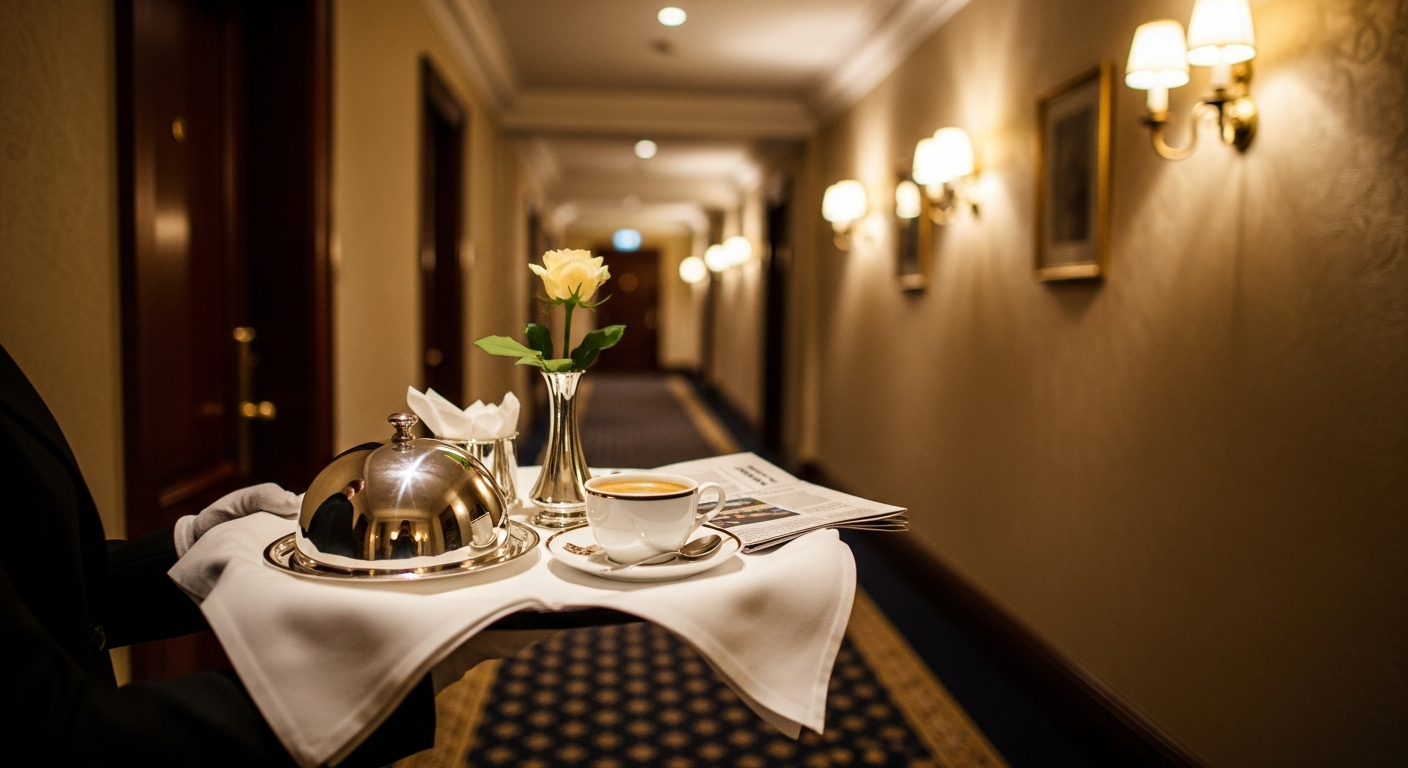 AI_IMAGE: A beautifully arranged room service tray being carried through a hotel corridor, silver cloche and white linen, warm corridor lighting with golden wall sconces, elegant hospitality presentation | photorealistic | landscape