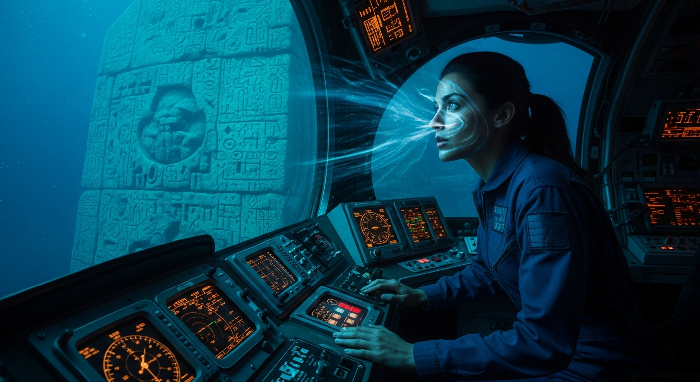 AI_IMAGE: Interior of a deep-sea research submersible cockpit, a woman in a blue jumpsuit leaning forward toward a curved viewport, her face illuminated by ethereal bioluminescent light streaming through the glass, instrument panels casting soft amber readings, outside the viewport a massive carved stone wall covered in unknown glyphs is partially visible, cinematic and awe-struck mood | photorealistic | 16:9