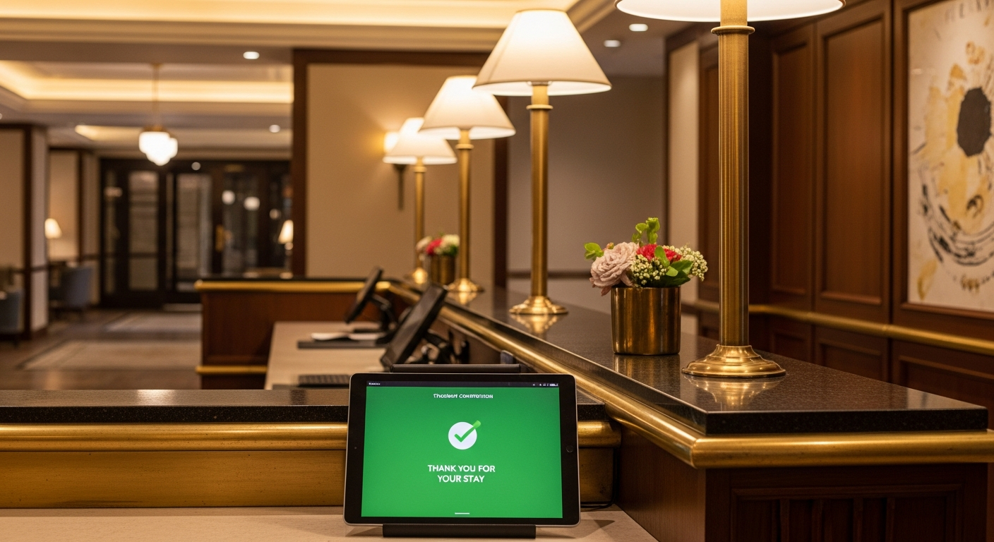 AI_IMAGE: A hotel reception desk from the guest perspective, a digital tablet showing a checkout confirmation, warm brass and wood accents, soft overhead lighting, clean and professional atmosphere | photorealistic | landscape