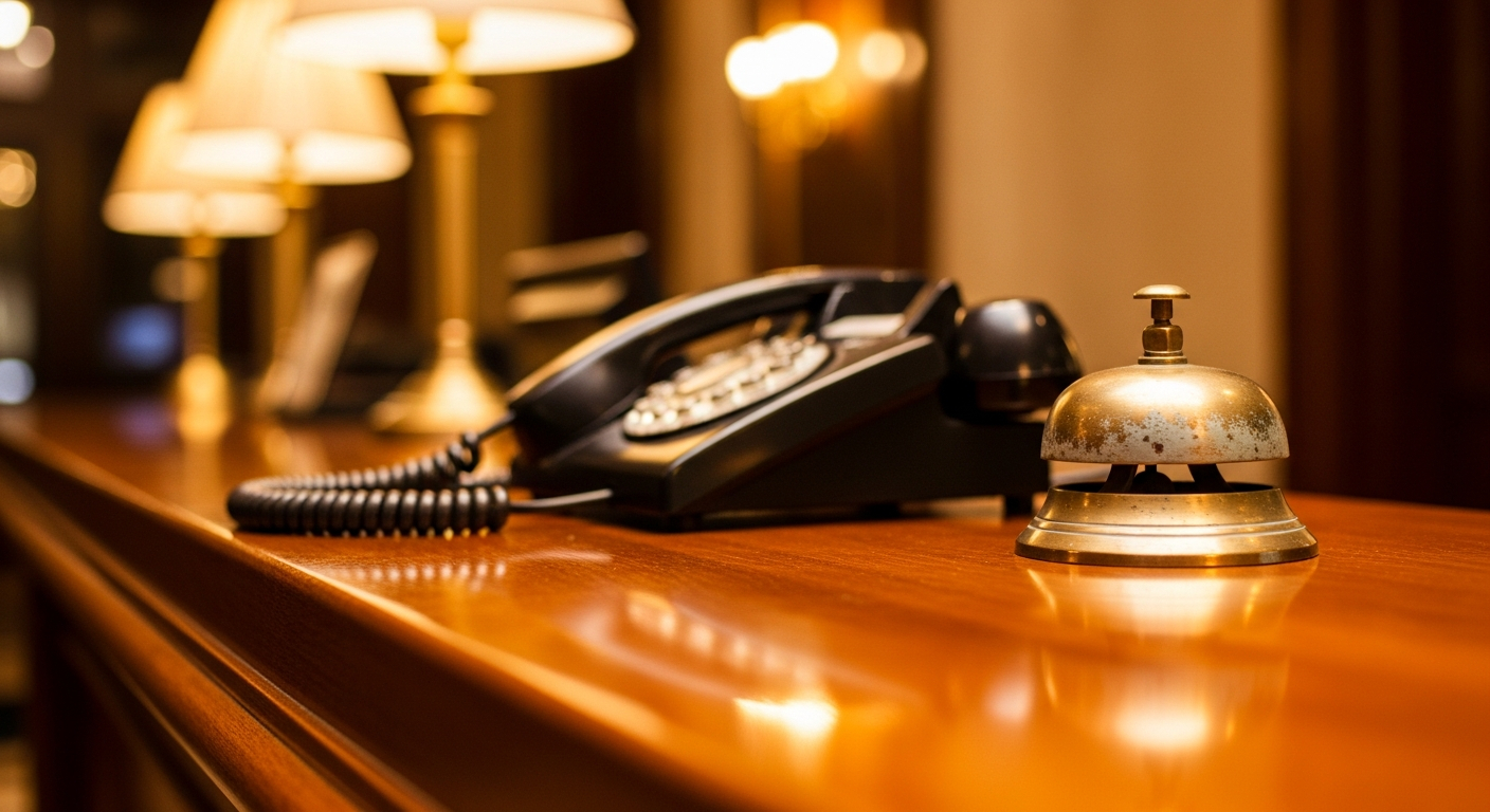 AI_IMAGE: A friendly hotel concierge desk close-up, a telephone handset on a polished wood surface, a small brass bell, warm ambient golden lighting, welcoming and approachable atmosphere | photorealistic | landscape