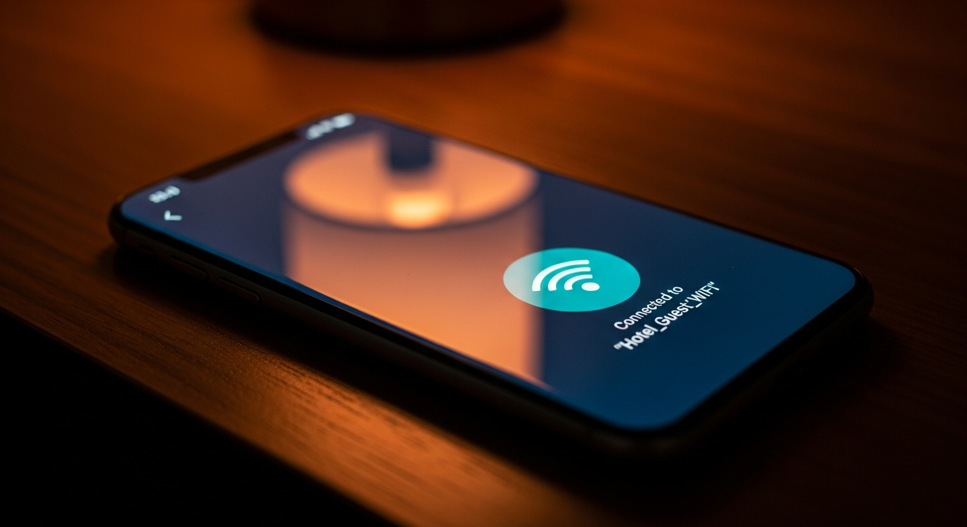 AI_IMAGE: Close-up of a smartphone connecting to hotel Wi-Fi on a dark bedside table, the screen showing a connected network icon glowing blue-green, warm ambient lamplight in the background, modern and clean composition | photorealistic | landscape