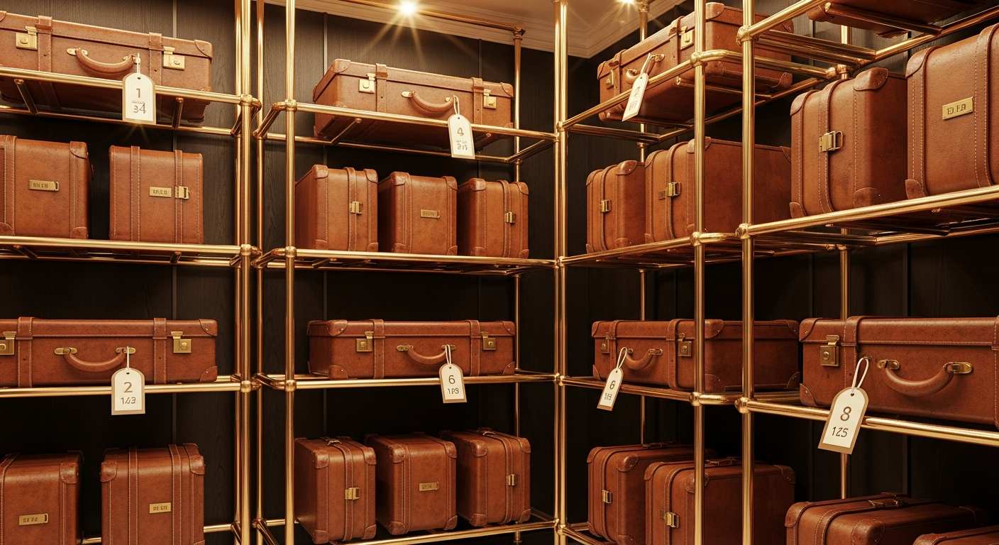 AI_IMAGE: Elegant luggage storage room behind a hotel reception area, neatly arranged leather suitcases on brass racks, warm overhead spotlights casting golden reflections, clean dark walls with subtle texture, a small numbered tag hanging from each bag handle | photorealistic | 16:9