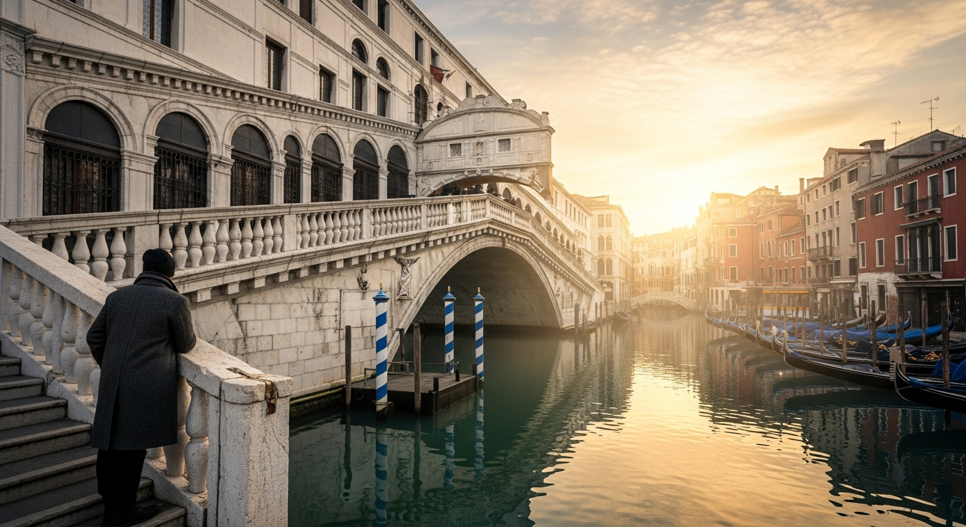 AI_IMAGE: A cinematic wide shot of a grand Venetian bridge at dawn, warm golden light breaking through morning mist over the canal, a lone figure in a dark coat leaning against the stone railing, reflections of pastel-colored buildings shimmering in still water below, quiet and contemplative mood | photorealistic | 16:9