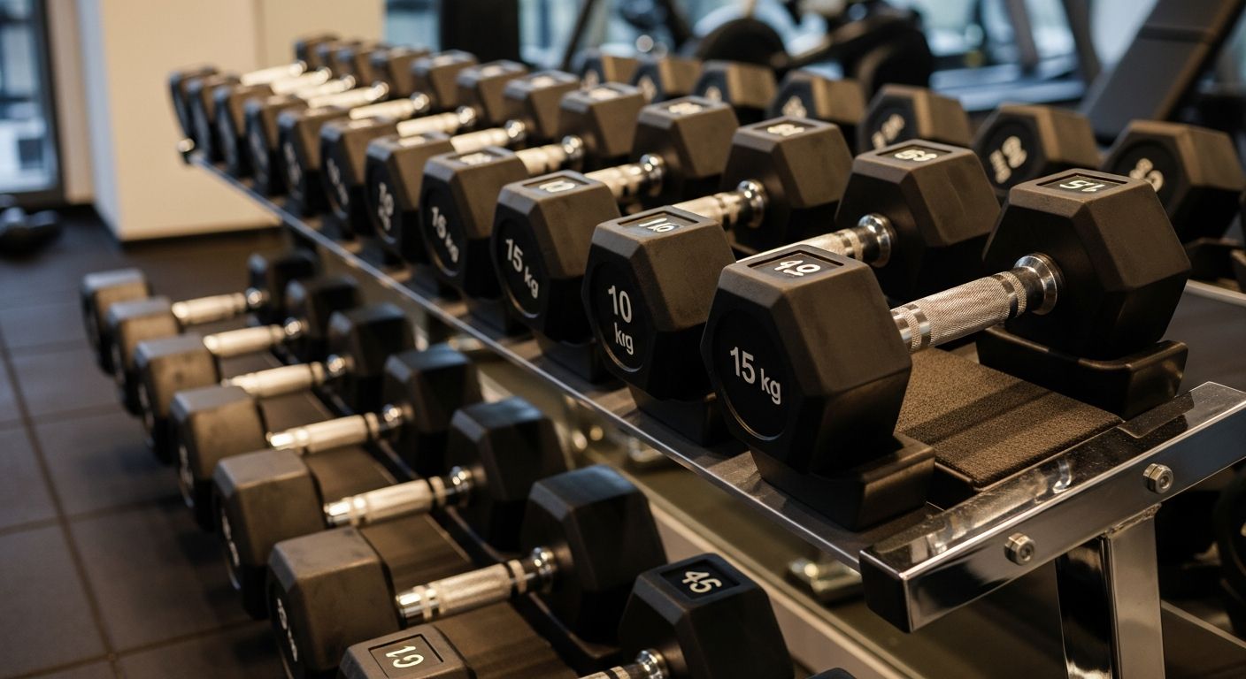 AI_IMAGE: Close-up of neatly arranged dumbbells on a rack in a hotel gym — polished chrome weights against a dark rubber mat, warm overhead lighting casting clean shadows, shallow depth of field, minimalist and premium feel | photorealistic | 16:9