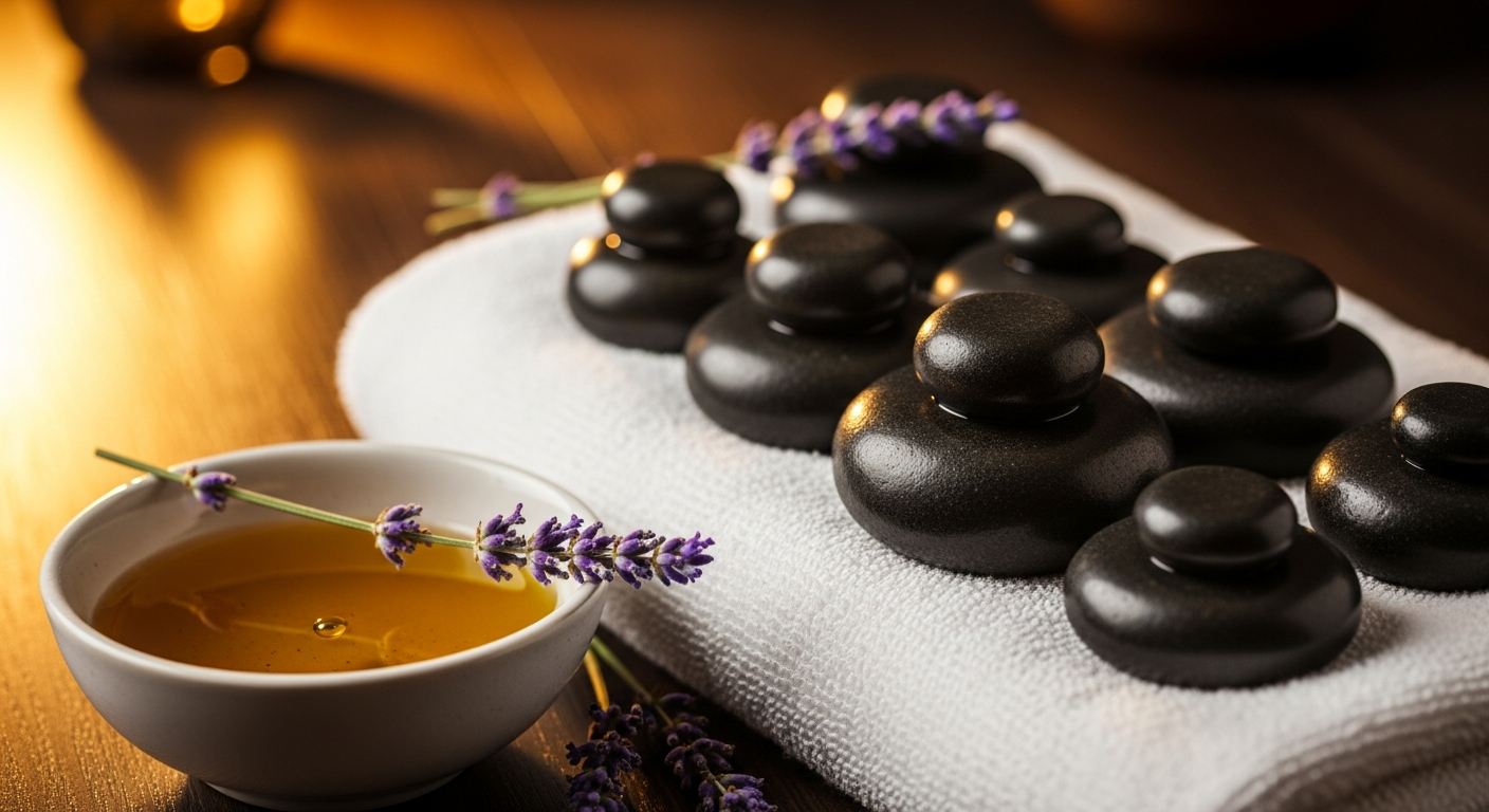 AI_IMAGE: Close-up of warm massage stones arranged on a white towel beside a bowl of essential oils and fresh lavender sprigs, shallow depth of field, warm golden ambient light, spa setting with dark wood surface | photorealistic | 16:9