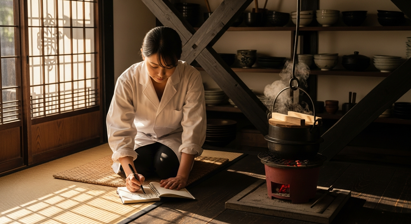 AI_IMAGE: A young Japanese woman in a white chef coat kneeling on tatami mats in a traditional farmhouse kitchen, carefully writing in a notebook, a steaming clay pot on a charcoal brazier beside her, late afternoon sunlight streaming through shoji screens casting soft grid shadows across the scene, serene and contemplative, muted earth tones with warm golden light | photorealistic | 16:9