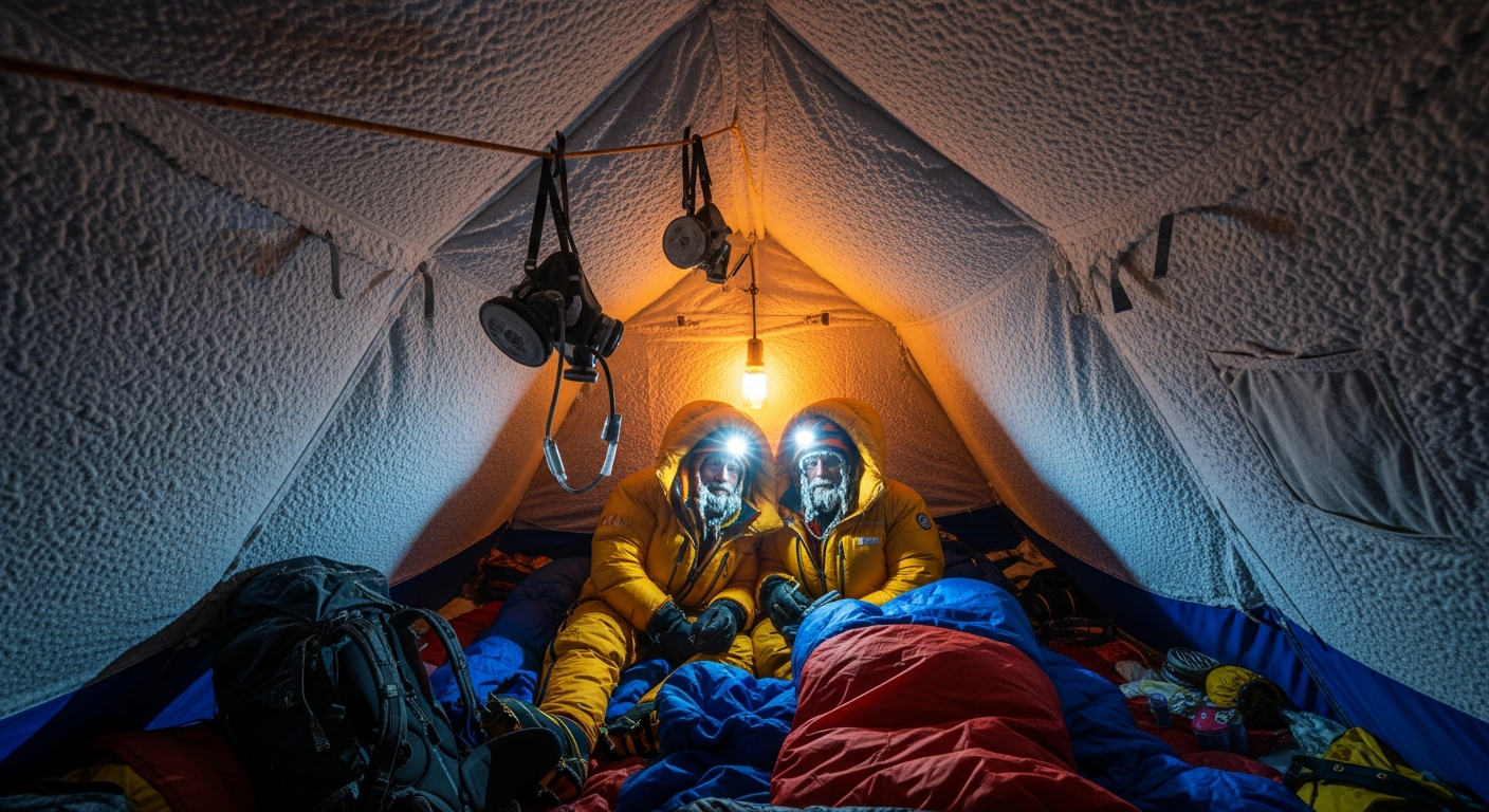 AI_IMAGE: Interior of a cramped high-altitude mountaineering tent at night, frost on the fabric walls, two climbers in down suits huddled over a dim headlamp, condensation frozen on their beards, oxygen masks hanging from a rope line above, tense and claustrophobic atmosphere, warm amber light from the single lamp against icy blue shadows | photorealistic | 16:9